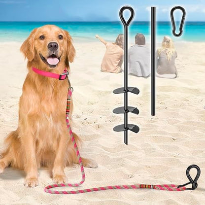 Beach Dog Stake Anchor - 360° Swivel Dog Tie Out Stake for Dogs Up to 250 lbs, Heavy Duty Beach Essentials for Outside Yard Ground Sand Camping