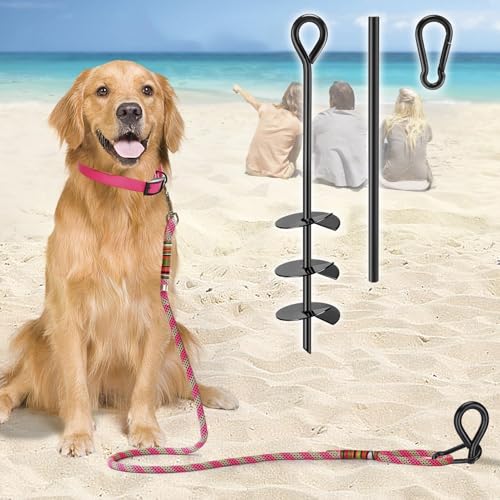 Beach Dog Stake Anchor - 360° Swivel Dog Tie Out Stake for Dogs Up to 250 lbs, Heavy Duty Beach Essentials for Outside Yard Ground Sand Camping