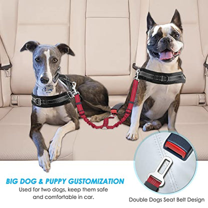 SlowTon Dog Seat Belt, Double Dog Seatbelt Adjustable Vehicle Safety Leash with Elastic Bungee Buffer, Reflective No Tangle Y Shape Two Dog Harness Seat Belt Splitter for Pets Car Trip (Red, M) - color: D.Red, size: 2 Medium in 1