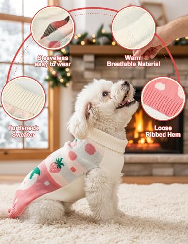 Dog Sweaters for Small Medium Large Dogs Cats,Turtleneck Cute Pattern Warm Soft Pet Clothes Boy Girl Cable Knit Doggy Autumn Coats Winter Puppy Outfits Cold Weather Jackets - color: Pink Strawberry, size: Small