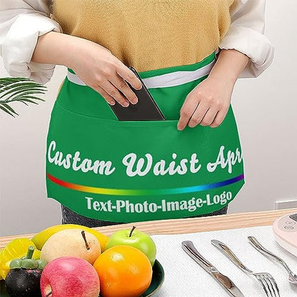 sophiehome Custom Waist Apron with Pockets Add Photo Logo Name Personalized Waiter Server Short Aprons for Kitchen - color: Irish Green