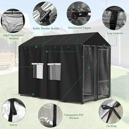 Outdoor Dog Kennel Cover 8'D x 4'W x 6'H Black Full Coverage with Transparent PVC Window and Breathable Mesh All-Weather Protection for Multiple Brands of Kennels Only Cover - size: 8'D x 4'W x 6'H