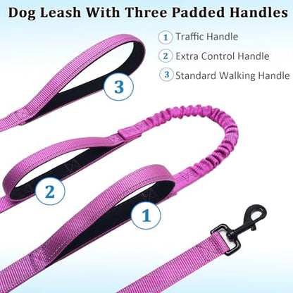 WYuZe 3 Handle Dog Leash for Large Dog 7FT Nylon Bungee Dog Training Leash | Reflective Shock Absorbing Triple Padded Handle Heavy Duty for Medium Dog Traffic Control No Pull Walking Hiking Purple - color: Purple