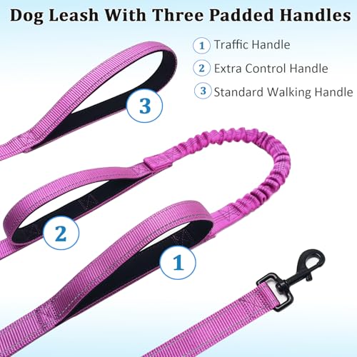 WYuZe 3 Handle Dog Leash for Large Dog 7FT Nylon Bungee Dog Training Leash | Reflective Shock Absorbing Triple Padded Handle Heavy Duty for Medium Dog Traffic Control No Pull Walking Hiking Purple - color: Purple