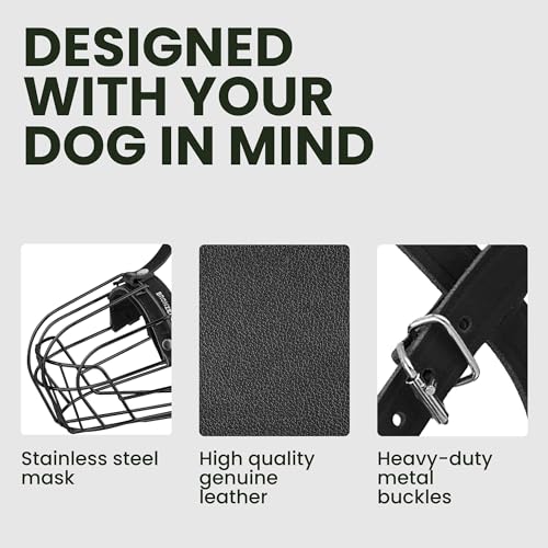 BRONZEDOG Pitbull Dog Muzzle Metal Mask Amstaff Wire Basket Pit Bull Adjustable Leather Straps for Large Dogs (Black) - color: Leather, Black Metal