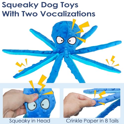 8 Pack Squeaky Octopus Plush Dog Toys for Aggressive Chewers, No Stuffing, Crinkle, Durable Interactive, 4 Colors - size: 8 pack