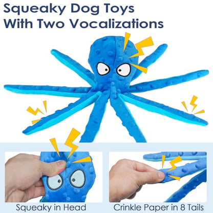 8 Pack Squeaky Octopus Plush Dog Toys for Aggressive Chewers, No Stuffing, Crinkle, Durable Interactive, 4 Colors - size: 8 pack