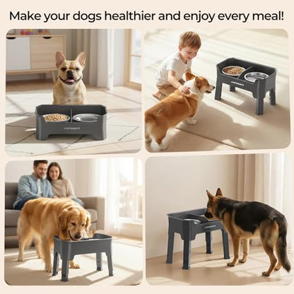 URPOWER Mess Proof Elevated Dog Bowls, High Wall Splash Guard Design, 4 Height Adjustable Raised Bowl Stand, 2 Stainless Steel Bowls, Non-Slip Food Water Set for Small Medium Large Dogs - color: Grey, size: Medium