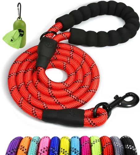 Rope Dog Leash with Comfortable Padded Handle, Highly Reflective Threads Leash for Medium Large Dogs (Red,3/8" x 6.5 FT)