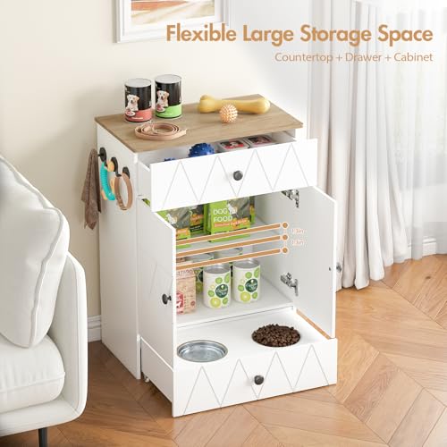 Pet Feeding Station with Storage, Raised Dog Bowls, Pet Feeder Cabinet, with Adjustable Shelves, Rolling Drawer, Hooks, for Feeding & Watering Supplies (Light) - color: Light
