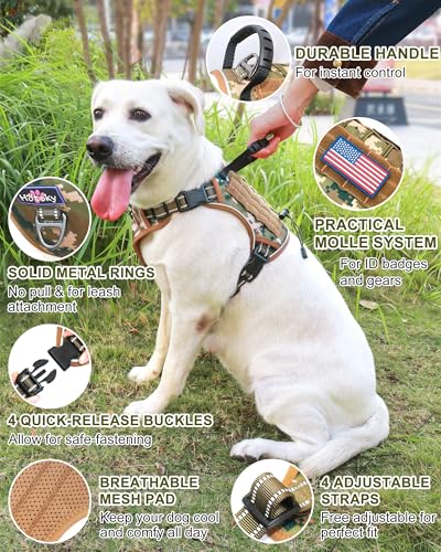 Hotsky Tactical Dog Harness No Pull，Adjustable Service Dog Vest Reflective Military Pet Harness with Control Handle Molle Loop Panels for Training Walking Running(Army Camo, M) - color: Army Camo, size: M( Neck: 18''-23.5",Chest: 20"-27")