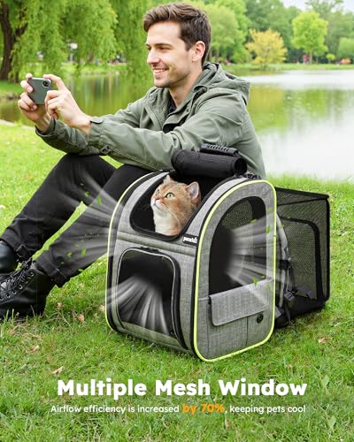 pecute Cat Backpack Expandable, Cat Carrier Backpack with Breathable Window - color: Grey, size: 12.6"L x 10.2"W x 16.5"H