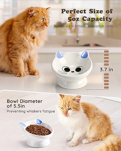 2Pcs Raised Cat Food Bowl Ceramic 15° Tilted Food Bowls Protect Cat's Spine Anti Vomiting Backflow Prevention Cat Bowls for Adult Kitten, and Small Dogs, Blue - color: Blue2P