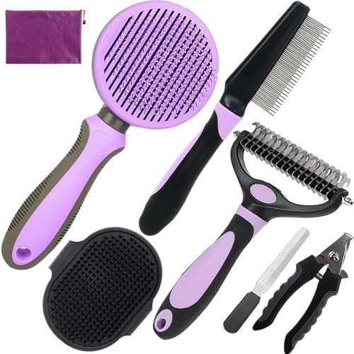 Dog Brush for Shedding, 7 PCS Dog Grooming Brush Kit Including Undercoat Rake, Slicker Brush, Dematting Comb, Nail Clipper, Bath Brush for Long & Short Haired Dogs, Cats - Purple - color: A-Purple