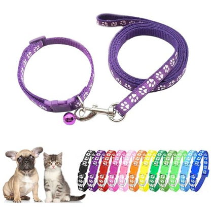 Purple Extra Small Dog Collar and Leash Set, Puppy Leash and Collar Pawprint Adjustable Kitten Collar with Bell for Tiny Little XXS XS Small Breed Pets Dogs Cats Girls Female - color: Deep Purple