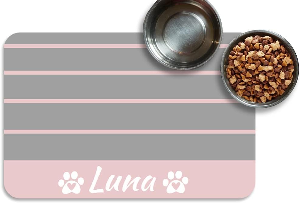 Personalized Dog & Cat Food Mat with Name Waterproof PU Pet Bowl Mat Non-Slip Rubber Bottom Easy Clean 3 Sizes (24"×16", 30"×20", 36"×24") (Striped) - color: Striped
