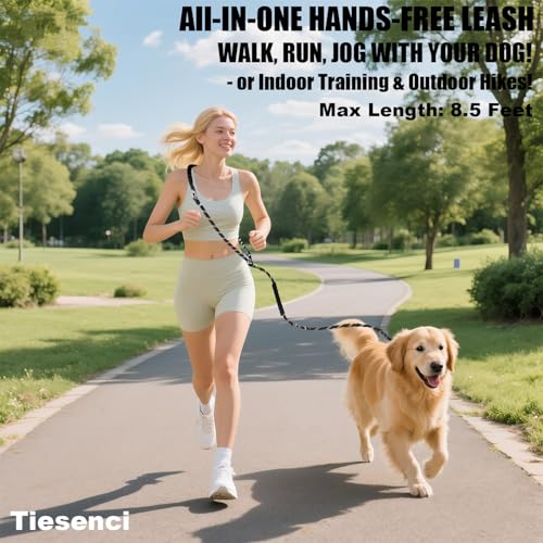 Hands Free Dog Leash Crossbody & Waist for Dog Walking, 9-in-1 No Pull Heavy Duty Leash with 2 Padded Handles, Reflective & Tangle-Free for Large & Medium Dogs (1/2" x 8.5 ft, Black) - size: 8.5 Ft(no slip lead & bungee)