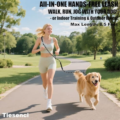 Hands Free Dog Leash Crossbody & Waist for Dog Walking, 9-in-1 No Pull Heavy Duty Leash with 2 Padded Handles, Reflective & Tangle-Free for Large & Medium Dogs (1/2" x 8.5 ft, Black) - size: 8.5 Ft(no slip lead & bungee)