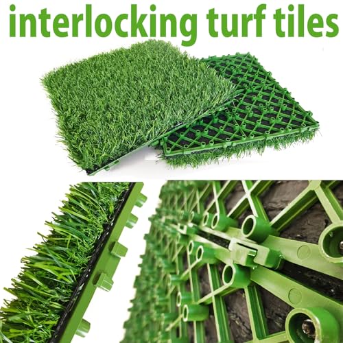 Interlocking Artificial Grass Tiles Self Draining Fake Turf Squares for Patio Balcony Outdoor Flooring Dog Potty Mat Indoor Deck Garden Green 12pcs - size: 12pcs