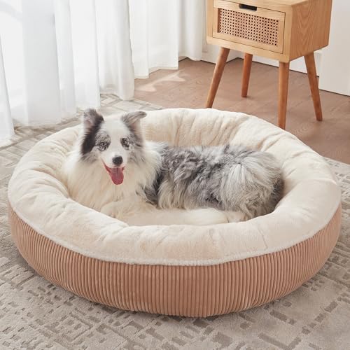45 inches Donut Dog Bed for Extra Large Dogs,Calming Round Pet Bed with Removable & Washable Cover, Plush Faux Fur & Corduroy, Fits up to 100 lbs Pets(Brown,XL) - color: Brown, size: 45.0"L x45.0"W x10"Th
