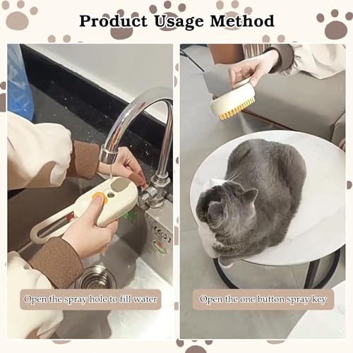 2 Pcs Pet Spray Massage Brush, Cat Hair Steam Brush for Shedding,Cleaning Pet Brush for Massage and Bathing with One Click Spray,Silicone Grooming Spray Comb with 360° Rotating Arm - color: White+khaki