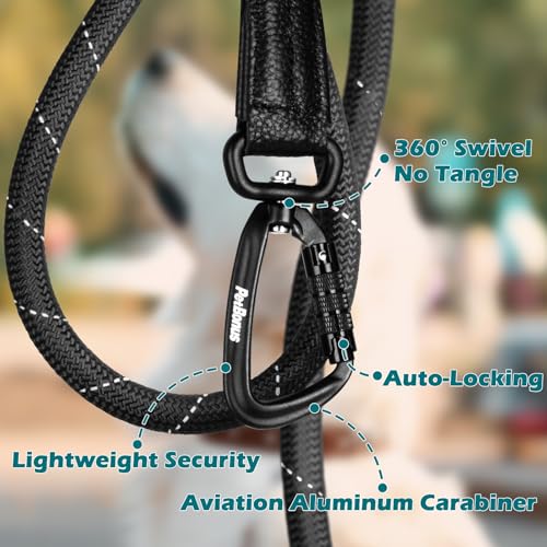 PetBonus Rope Dog Leash, 5 FT Heavy Duty Pet Nylon Leash with Auto Locking Aviation Aluminum Carabiner, Comfortable Padded Handle, Reflective Walking Training Lead for Medium Large Breeds (Black) - color: Black