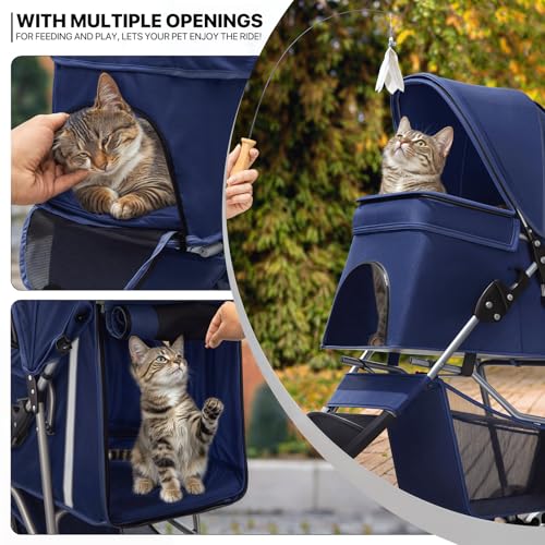 MoNiBloom 3 Wheels Pet Stroller, Foldable Dog Cat Cage Jogger Stroller with Weather Cover for All-Season, Storage Basket and Cup Holder, Breathable and Visible Mesh for Small/Medium Pets, Blue - color: Navy Blue