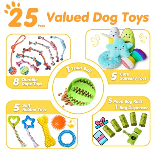 Zeaxuie 25 Pack Luxury Dog Chew Toys for Puppy, Dog Toys with Ropes, Treat Ball and Squeaky Puppy Toys for Teething Small Dogs - color: 25 Pack (Value-Toys)