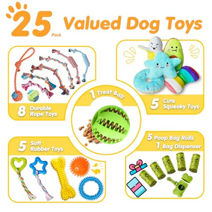 Zeaxuie 25 Pack Luxury Dog Chew Toys for Puppy, Dog Toys with Ropes, Treat Ball and Squeaky Puppy Toys for Teething Small Dogs - color: 25 Pack (Value-Toys)