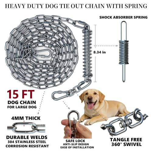 Heavy Duty Dog Tie Out Chain with Spring for Large Dogs, Stainless Steel 4MM 200LBS Chew Proof Shock Absorbing Dog Lead Cable for Yard Outside, No Tangle(1 Spring+Chain/15ft) - size: 1 Spring+Chain/15ft/4mm/200lbs