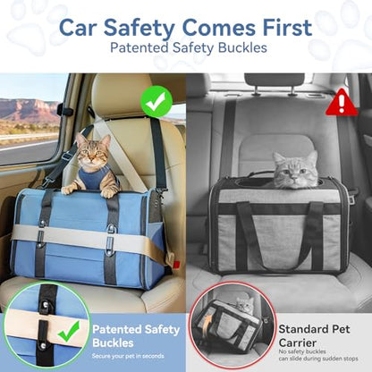 PETSFIT Soft-Sided Cat Carrier with Patented Safety Buckles, Lockable Zippers & Safety Tether,Escape-Resistant Travel Pet Carrier for Car Rides & Vet Visits, Airline Approved Under-Seat, Up to 12 lbs - color: Blue, size: 18.0"L x 11.0"W x 11.0"H