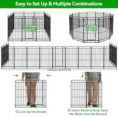 Kfvigoho Heavy Duty Dog Playpen: 12 Steel Panels 47" Height, Square Steel Pipe with Reinforced Crossbars, 27FT 57 Sq.ft Portable Fence for Yard RV Camping, Snowy Black - style: 27"W x 47"H