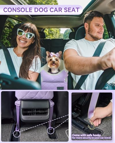 PETSFIT Cat Car Seat with Safe Protection Hooks, Center Console Dog Car Seat with Upgraded Safety Tethers, Washable Cushion, Dog Car Seats for Small Dogs Up to 8 Lbs (Purple) - color: Purple