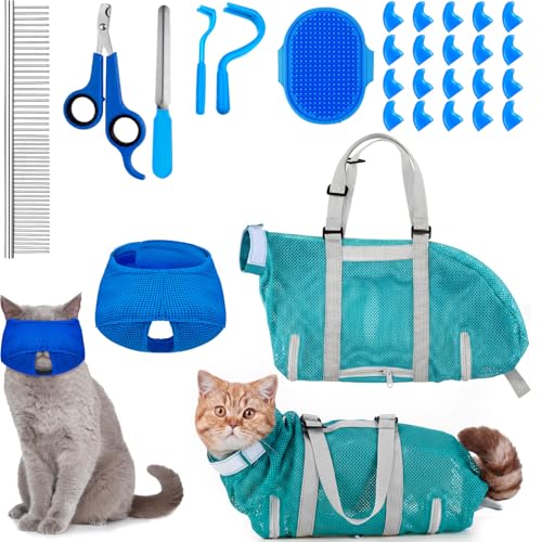 9 Pcs Cat Bathing Bag Set Shower Bag Anti Bite and Scratch for Pet Grooming Washing Comb Muzzle Nail Clipper Nail File Tick Tool (Sky Blue) - color: Sky Blue