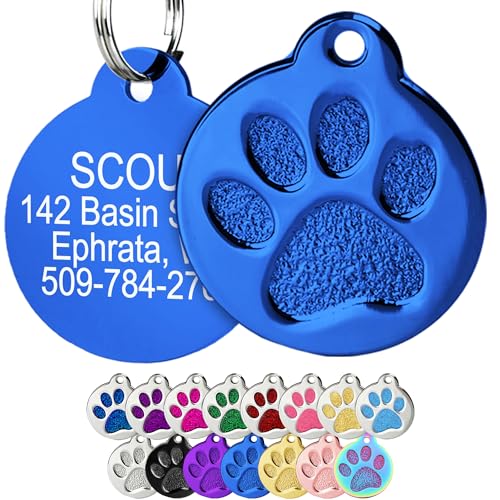 GoTags Paw Print Round Stainless Steel Pet Tag for Dogs and Cats, Personalized with 4 Lines of Custom Engraved ID Name and Number, in Stainless Steel and 15 Colors Small and Large, Blue - color: Solid Blue, size: Small w/o Silencer