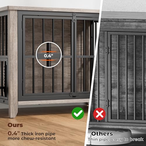 Lulive Dog Crate Furniture, Wooden Dog Kennel Indoor with Adjustable 360°& Height Dog Bowls, Double Doors Furniture Dog Crates End Table for Small/Medium 31.5" L*22.5" W*25.6" H, Grey