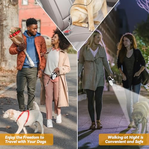 Heavy Duty Retractable Dog Leash for Large Dogs, 26ft Dog Leash with Poop Bag Holder, Up to 110lbs, chew Proof Cable, LED Light, 360° No-Tangle, One-Handed Pause & Locked (White, L 26ft) - color: White