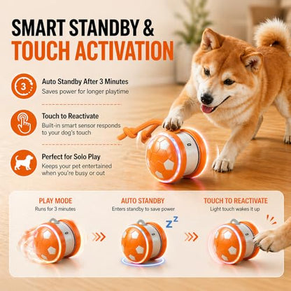 Smart Self Play Soccer Interactive Electric Automatic Moving Rolling Dog Chase Teaser Ball Toys with Rope Rechargeable Tough Durable Stimulation for Small Medium Large Dogs to Keep Busy