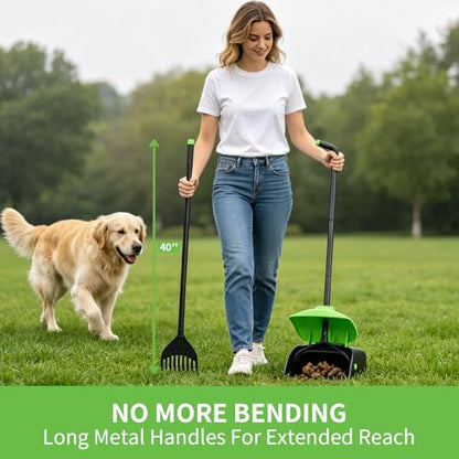 ienjoyed 40" Tall Dog Pooper Scooper with 100 Bags Attachment, Large Capacity Swivel Bin and Rake Metal Pole, Long Handle Pooper Scooper for Large Dogs, Dog Poop Scoop for Yard (Green) - color: Green