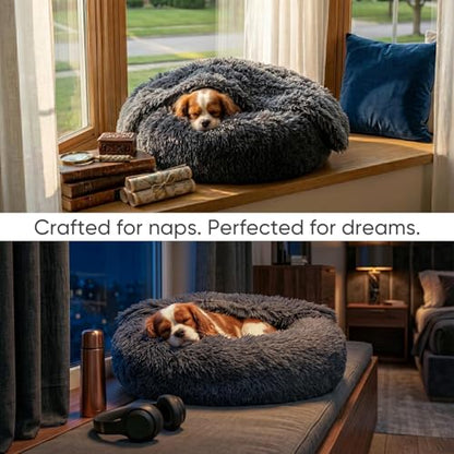 Himax Dog Beds for Small Dogs, Donut Dogs Beds with Blanket Attached, Calming Dog Bed Washable (20"/26"/35") Grey - color: Grey, size: 20.0"L x 20.0"W x 7.0"Th