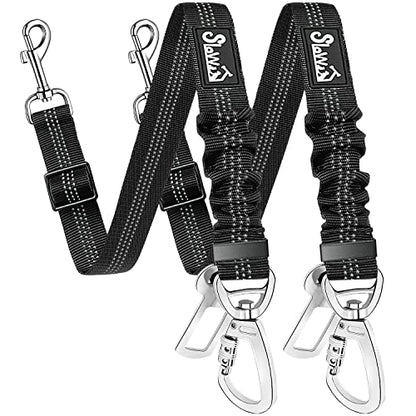 SlowTon Dog Seatbelt, 2 Pack Dog Seat Belt Car Leash Adjustable Elastic Bungee Buffer Heavy Duty Nylon Reflective Pet Safety Tether Connect to Dog Harness for Travel Riding in Vehicle (Daul Clip, B) - color: Black