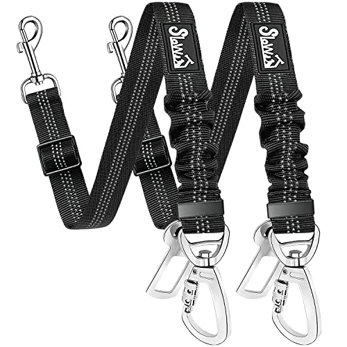 SlowTon Dog Seatbelt, 2 Pack Dog Seat Belt Car Leash Adjustable Elastic Bungee Buffer Heavy Duty Nylon Reflective Pet Safety Tether Connect to Dog Harness for Travel Riding in Vehicle (Daul Clip, B) - color: Black