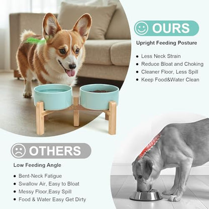 SPUNKYJUNKY Elevated Dog Bowls Ceramic, 6.1'' Dogs and Cat Food Water Bowls Raised with Non-Slip Bamboo Stand for Medium Sized Breed Microwave Dishwasher Safe - 28.7 OZ,Light Green - color: Light Green, size: 6.1 in - 3.6 cups