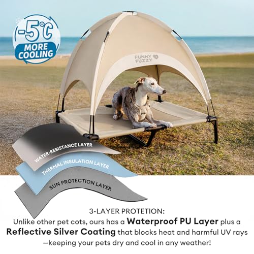 FUNNY FUZZY Elevated Dog Bed with Canopy, Small (24"x18"x7") – Outdoor Raised Dog Cot with Shade, Cooling Breathable Mesh Pet Bed, Portable Waterproof Dog Camping Bed for Large Medium Small Dogs,Khaki