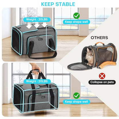 Pet Carrier, Large Soft Sided Expandable Travel Carrier with Steel Frame, Anti-Scratch Mesh, Removable Fleece Pad and Pockets for Cats, Dogs and Small Animals up to 15 lbs (Gray, 4 Sides Expandable) - color: Gray