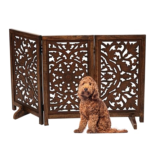 Freestanding Pet Gate for Dogs, Foldable Wooden Dog Gate for House, Indoor Dog Gate for Stair, Doorway, Circle Design Gates for Dogs Indoor, 48 Inch Wide, (16" x3 Panels 48 inch), Burnt Finish - color: Burnt, size: 48x28" 3 Panel Circle
