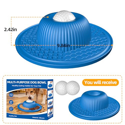 2-in-1 Dog Slow Feeder Bowl & Lick Mat with 2 Rotatable Balls, No-Slip Silicone Anxiety Relief Treat Mat for Dogs & Cats, Dishwasher Safe (Blue)