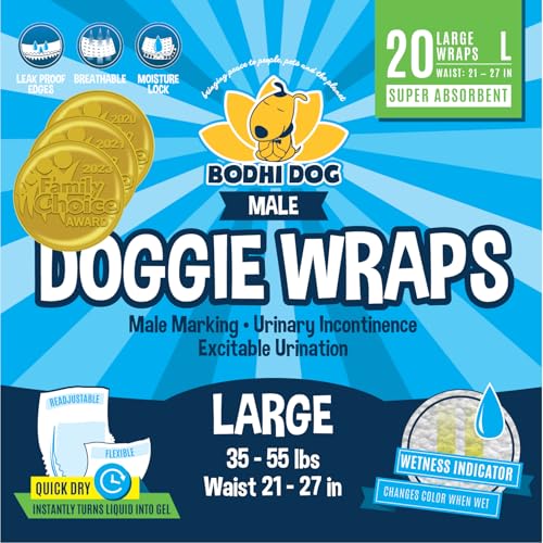 Bodhi Dog Disposable Male Dog Diapers - Super Absorbent, Leak-Proof Pee Wraps - Adjustable Fit, Comfortable Design, Advanced Moisture Control, and Wetness Indicator - Large (20 Count) - size: Large