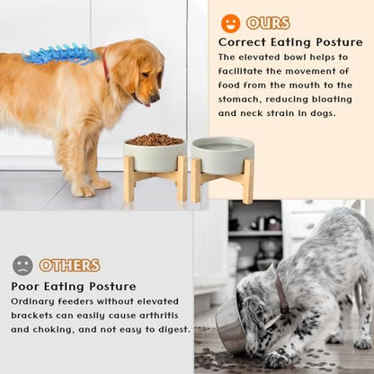 SPUNKYJUNKY Ceramic Elevated Dog Bowls 2 Pack - 6.1inch Raised Dog Bowls with Non-Slip Wooden Stand for Medium Dogs Dishwasher Safe(Grey,28.7OZ*2) - color: Grey, size: Medium - 3.6 CUPS*2