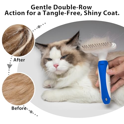 Dog Cat Grooming Tool Rake, Pet Dematting Tool with Stainless Steel Shedding Comb, Double Row Pet Rake Gently Remove Loose or Tangled Hair from Undercoat Blue - color: Blue